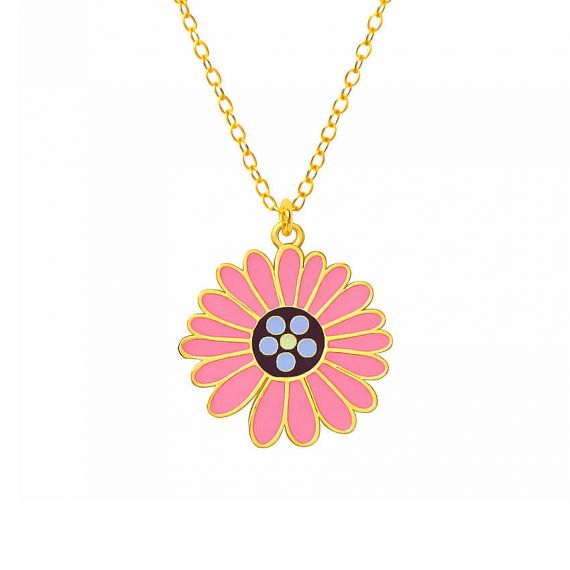 Customized 18K Gold Plated Pink Daisy Flower Necklace Pendant with Elegant Enamel Inlay