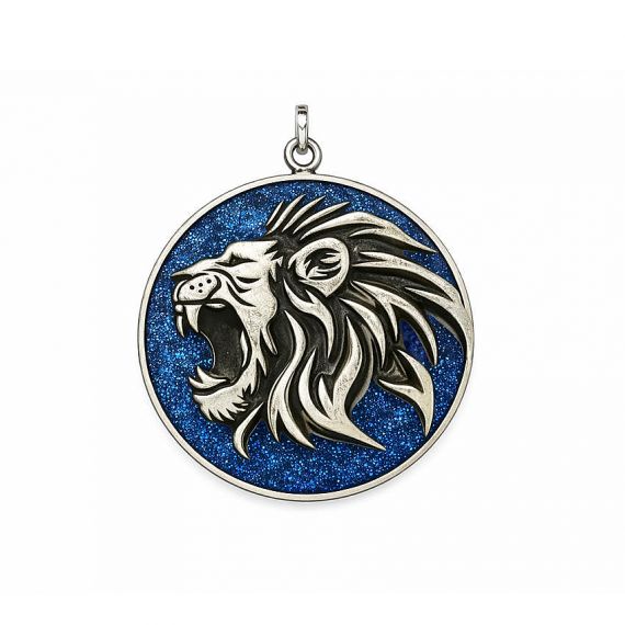 Premium Bespoke Roaring Lion Head Pendant with Antique Silver Finish and Blue Glitter Enamel Background