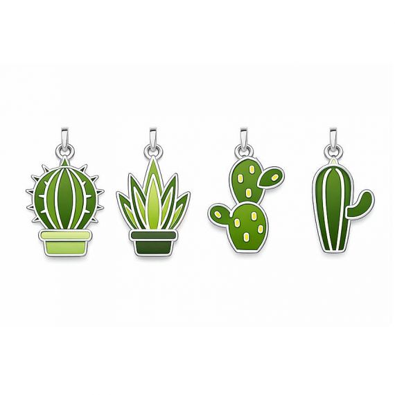 Set of Bespoke Silver Cactus Charms with Various Succulent Designs and Green Soft Enamel Finish