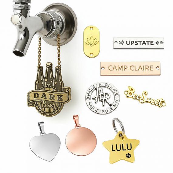 Metal Tags & Name Badges - Durable custom metal tags, engraved pet ID tags, and branded metal labels; wholesale metal labeling solutions from Vietnam, 100pcs MOQ.