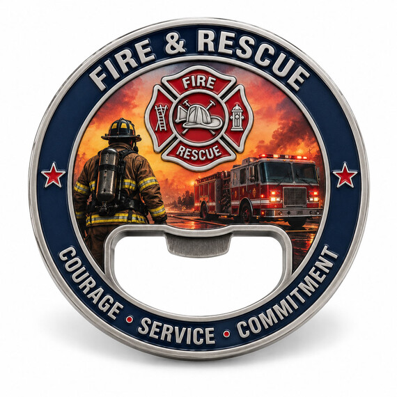 Custom fire and rescue challenge coin bottle opener with full-color firefighter and fire truck design.