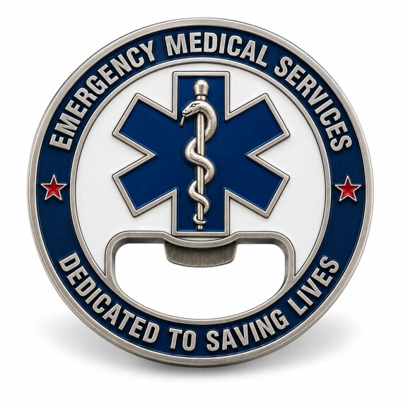 Custom emergency medical services challenge coin bottle opener with blue Star of Life design.