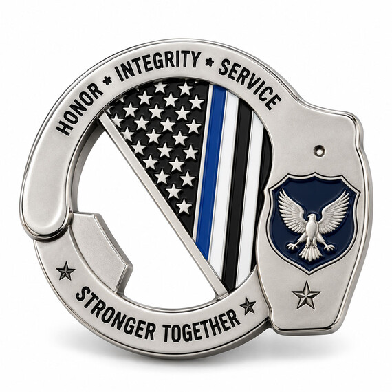 Custom service-themed zinc alloy bottle opener with blue line motif and shield emblem.