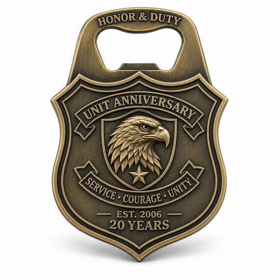Custom shield-shaped challenge coin bottle opener with antique gold finish and eagle relief.