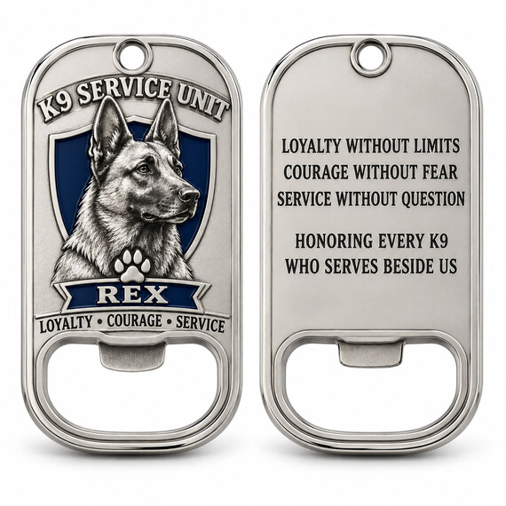 Custom K9 dog tag bottle opener shown front and back with silver plating and blue enamel.