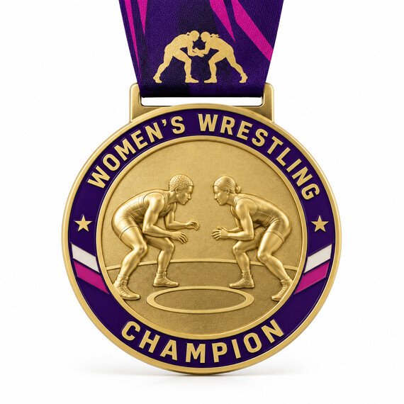 Custom women’s wrestling medal with 3D relief wrestlers and purple enamel details