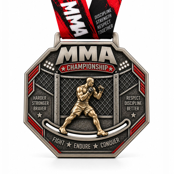 Custom MMA sliding medal with 3D fighter relief, cage design and red enamel accents