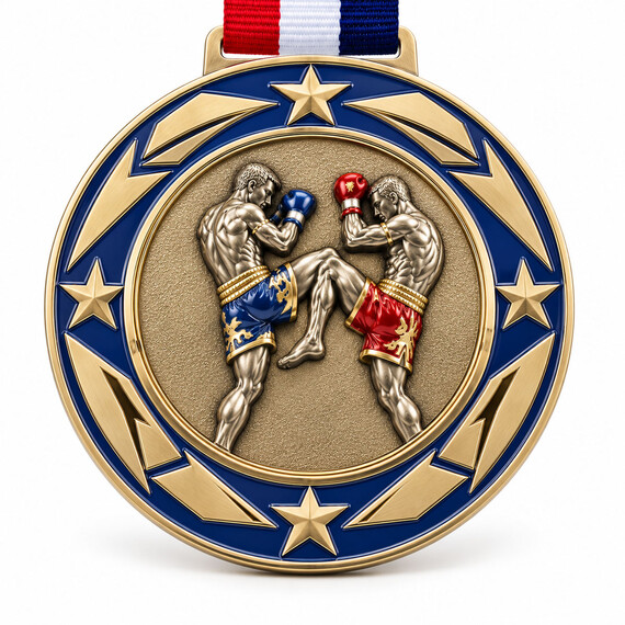 Custom MMA medal with 3D sculpted fighters, gold plating and blue enamel details