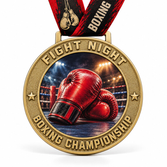 Custom boxing championship medal with full-color UV printed boxing gloves and gold plating