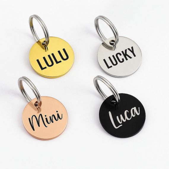Round circular metal pet ID tags with secure split ring attachments come in multiple plated metallic colors, available with a 100pcs MOQ.