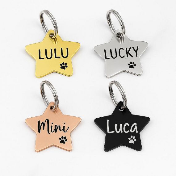 Small star shaped custom pet ID tags featuring cute paw print icons and names like Mini and Luca include strong split ring attachments.