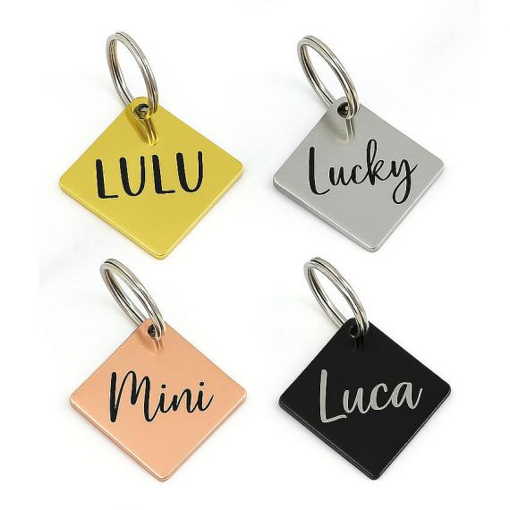 Unique diamond shaped custom metal pet tags for small to medium pets show crisp laser engraving on high-quality plated zinc alloy surfaces.