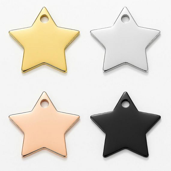 Blank star shaped pet ID tags with high-polished metallic finishes in gold, silver, rose gold, and black are ready for personalized engraving.