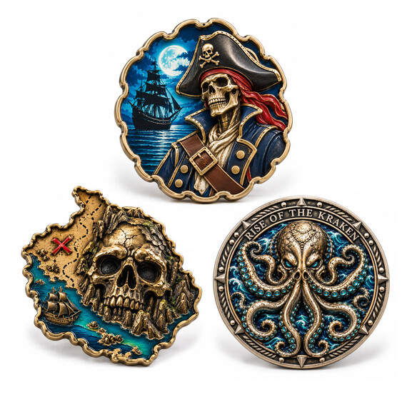 Custom Pirate Challenge Coins - Custom pirate challenge coins with high-relief designs and vivid color details.