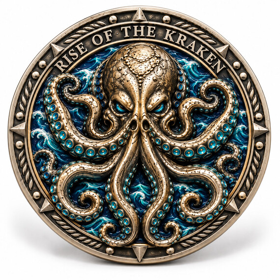 High relief pirate challenge coin with kraken and ocean wave design