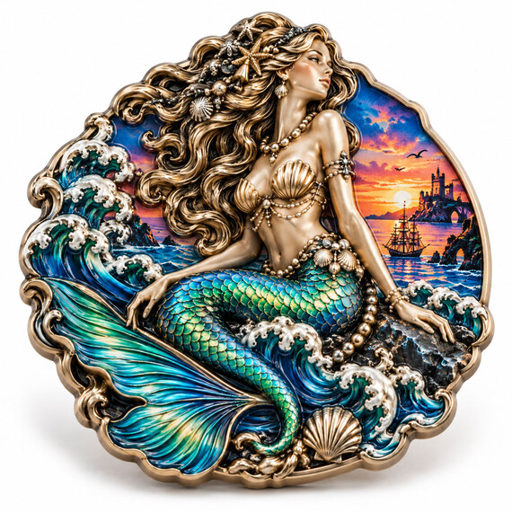 Custom pirate challenge coin with 3D mermaid and colorful ocean design