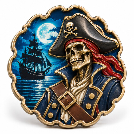 High relief pirate challenge coin featuring a 3D skull captain and pirate ship