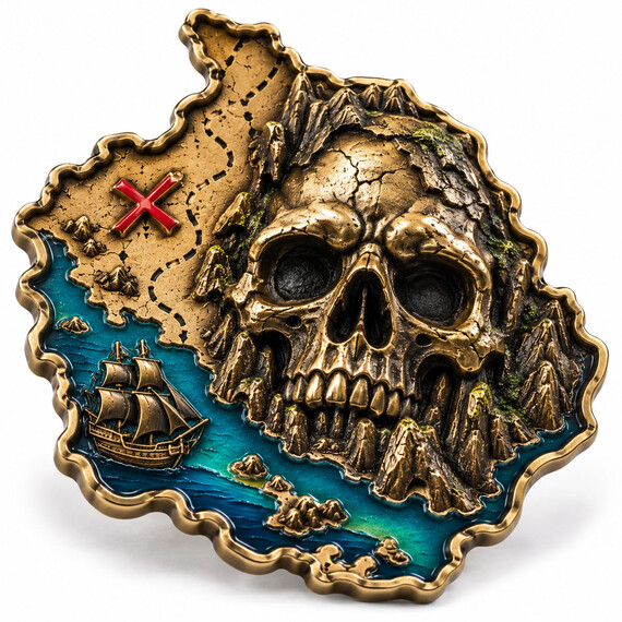 Custom zinc alloy pirate challenge coin with 3D skull island and treasure map design