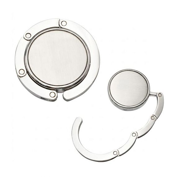 Wholesale blank foldable purse hooks in polished silver finish, customizable metal handbag hangers for tables, ideal for laser engraving or UV printing.