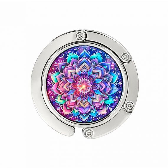 Portable table bag hook with custom mandala pattern, foldable circular purse hanger in polished silver finish, available for personalized bulk orders and low MOQ.