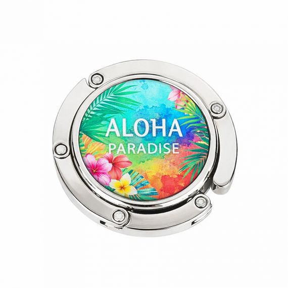 Round foldable metal purse hook for table featuring a custom "Aloha Paradise" tropical floral logo, compact travel handbag hanger with secure non-slip base.