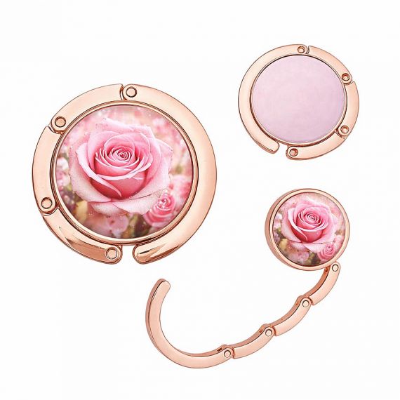 Rose gold foldable purse hooks featuring custom rose flower graphics and pink pearlescent inlay, elegant round metal bag hangers for restaurant and office use.