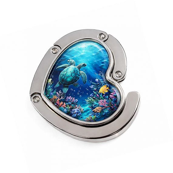 Unique heart-shaped foldable purse hook with custom full-color underwater turtle pattern, durable metal desk handbag hanger for personalized gift collections.