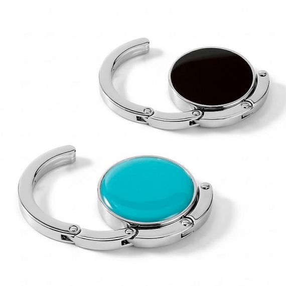Customized foldable metal bag hangers with colorful enamel inlay, high-quality zinc alloy purse hooks for table, ideal for personalized promotional gifts.