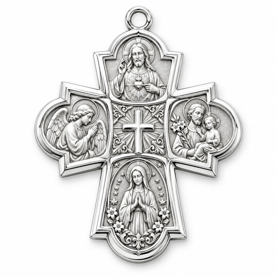 Shiny Silver Cross-Shaped Religious Medal with Detailed Raised Relief
