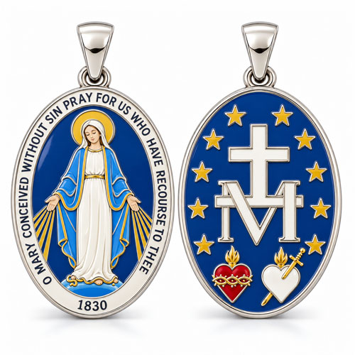 Custom Miraculous Medal with Blue Enamel and Silver Plating