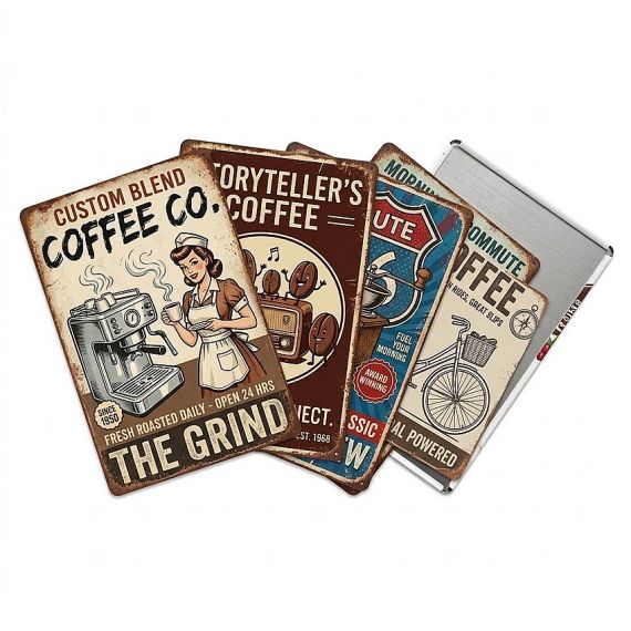 Assorted custom coffee themed vintage tin signs featuring retro pin-up style and cafe art, wholesale personalized embossed metal posters for coffee shop wall decoration.