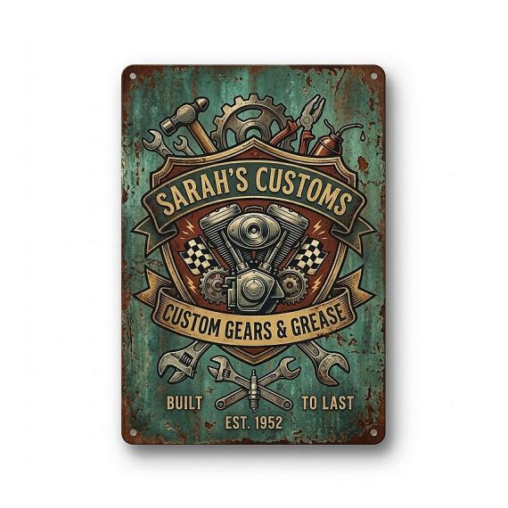 Customized industrial style retro metal sign for Sarah's Customs featuring engine parts and tools, personalized vintage garage tin sign with rusted edges for automotive shops.