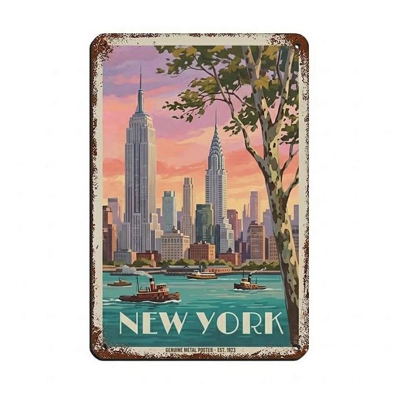 Vintage New York City skyline custom metal poster with Empire State Building illustration, retro travel tin signs for souvenir shops and home interior wall art.