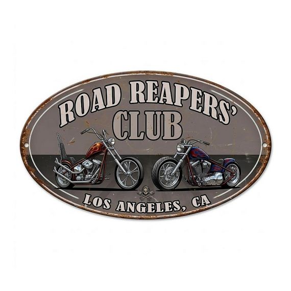 Oval shaped custom Road Reapers Club motorcycle metal sign with retro chopper graphics, personalized vintage biker club tin signs for man cave and clubroom decor.