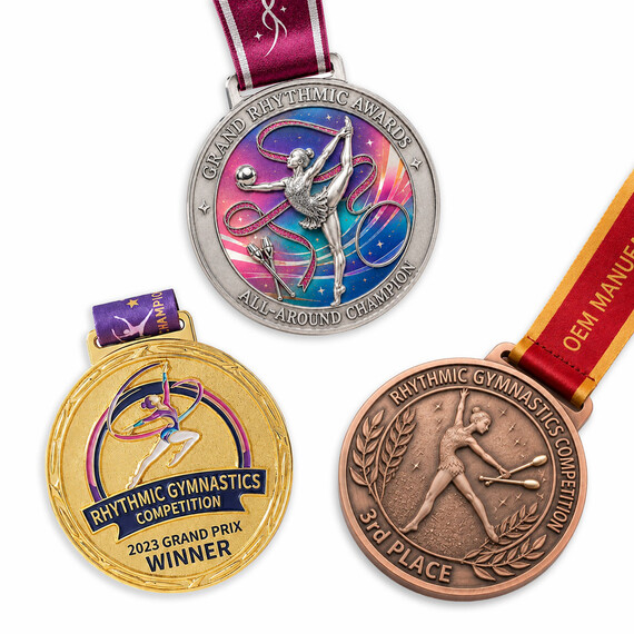 Custom Rhythmic Gymnastics Medals - Custom zinc alloy rhythmic gymnastics medals featuring colorful enamel, UV printing, 2D/3D relief, and antique metal finishes for competitions, clubs, and championship awards.