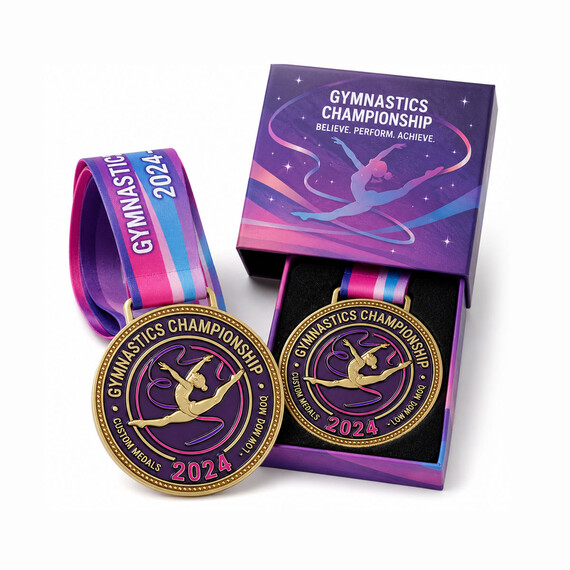 Custom gymnastics medals paired with personalized medal ribbons and presentation boxes, providing a coordinated award solution for tournaments, clubs, and gymnastics events.