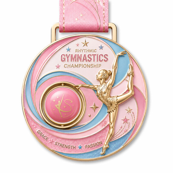 Custom spinning rhythmic gymnastics medal with pink and blue enamel design