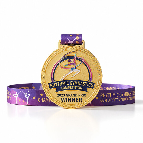 Custom gold rhythmic gymnastics medal with personalized competition ribbon