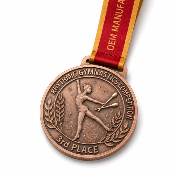Custom antique bronze rhythmic gymnastics medal with 3D relief gymnast design
