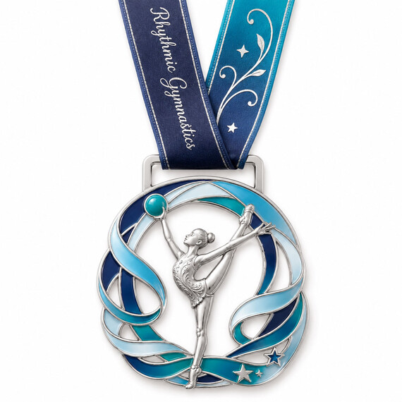Custom rhythmic gymnastics medal with cut-out ribbon design and silver finish