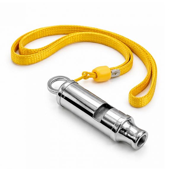 Custom high-decibel silver metal safety whistle with yellow lanyard, professional outdoor emergency survival whistle manufacturer.