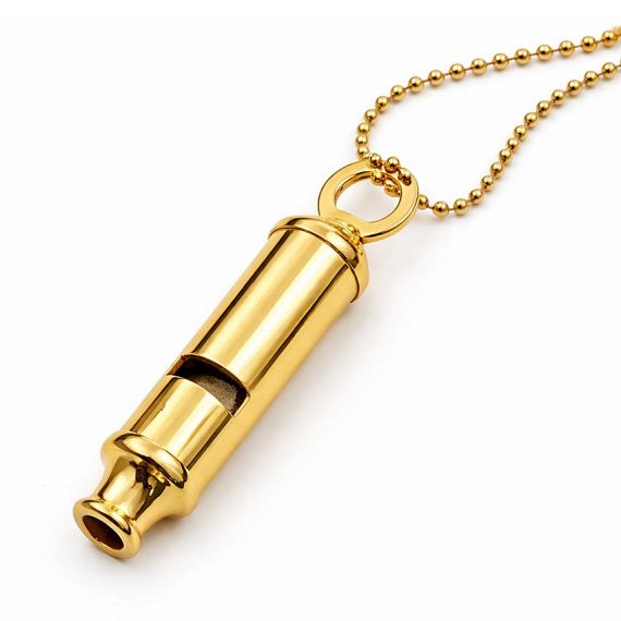 Luxury gold-plated custom metal safety whistle with matching ball chain, premium high-volume promotional whistle for corporate gifts.