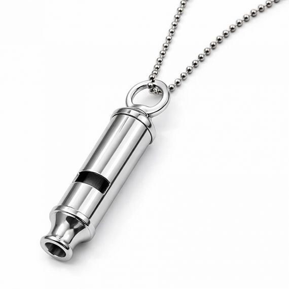 Custom engraved silver metal survival whistle with durable ball chain, personalized portable emergency whistle for security and safety.