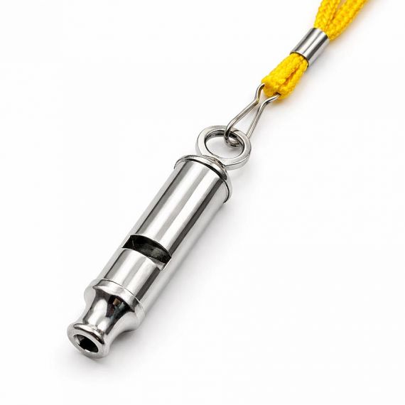 Personalized silver stainless steel safety whistle with adjustable yellow neck strap, high-quality outdoor rescue whistle for hikers and campers.