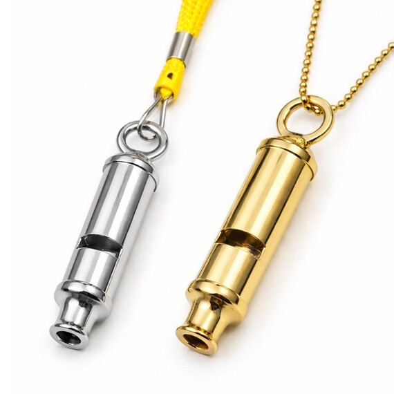 Custom Safety Whistles - Bespoke gold and silver plated cylindrical metal whistles, personalized promotional gift whistles with lanyard and ball chain options.