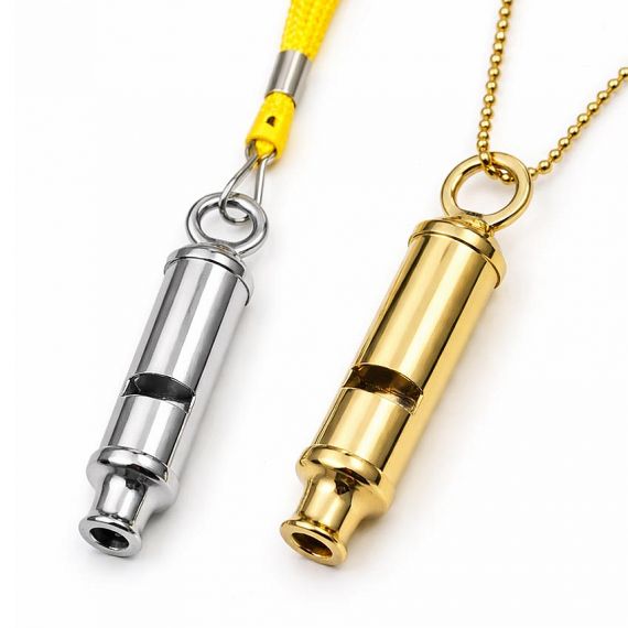 Custom Safety Whistles - Bespoke gold and silver plated cylindrical metal whistles, personalized promotional gift whistles with lanyard and ball chain options.