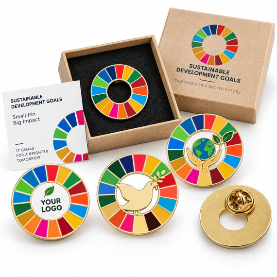 Custom SDG Pin Badges - Custom SDG enamel lapel pin badges with company logo, colorful sustainability design and gift box packaging for corporate events
