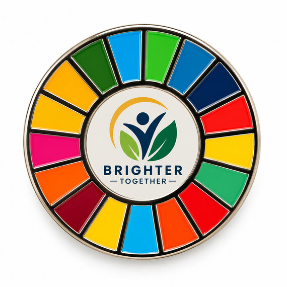 Custom SDG enamel pin badge with colorful goal wheel and branded center logo for companies, events and sustainability campaigns