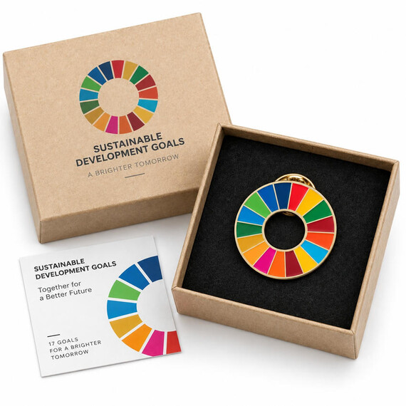 Custom SDG pin badge with colorful enamel design, presentation box and printed card for corporate sustainability gifts
