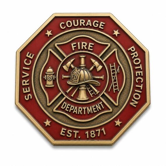 Custom octagonal firefighter challenge coin with red enamel, antique gold plating and raised fire department emblem